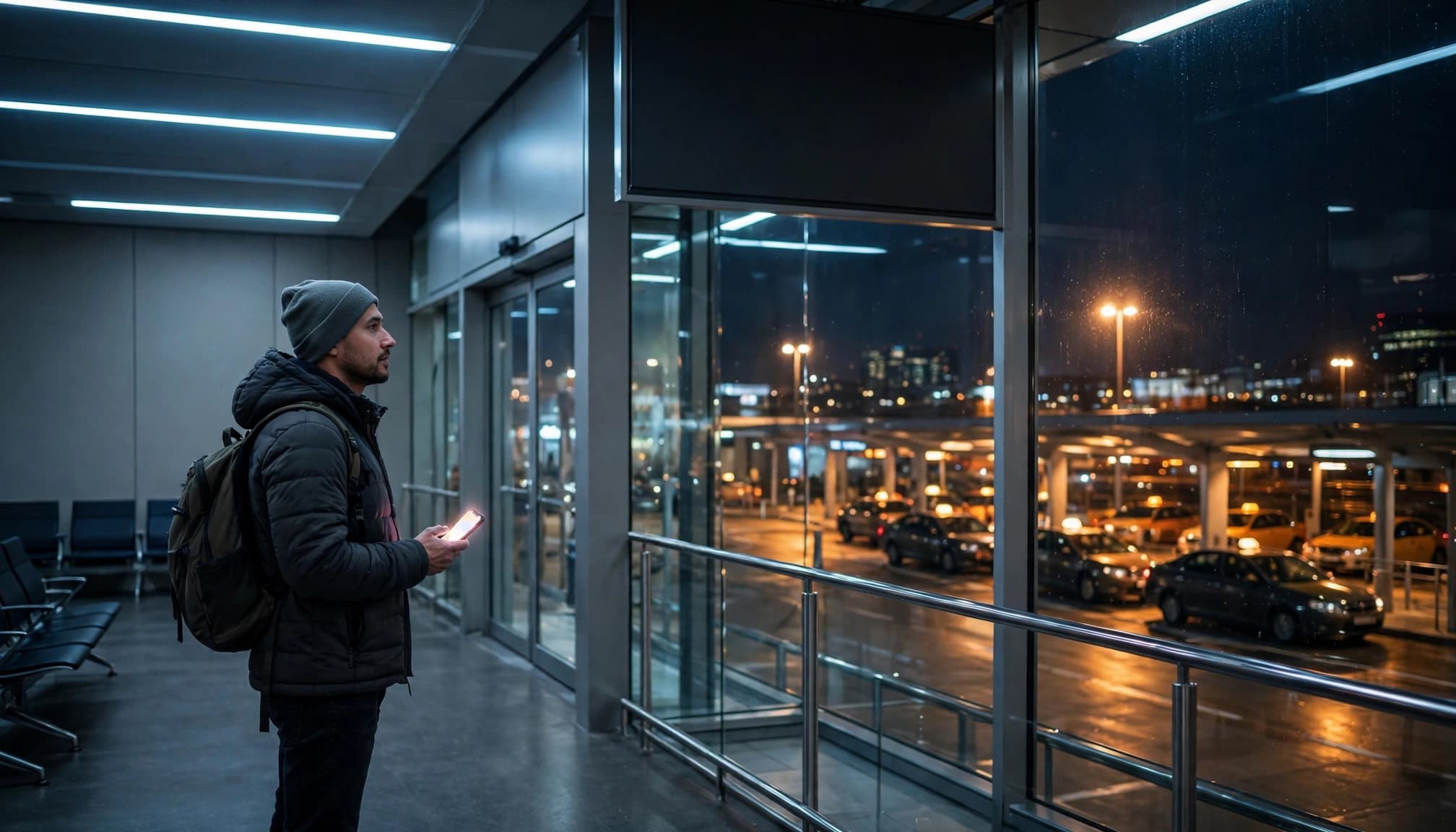 A lone traveler holds a glowing phone in a quiet airport beside the taxi pickup area.