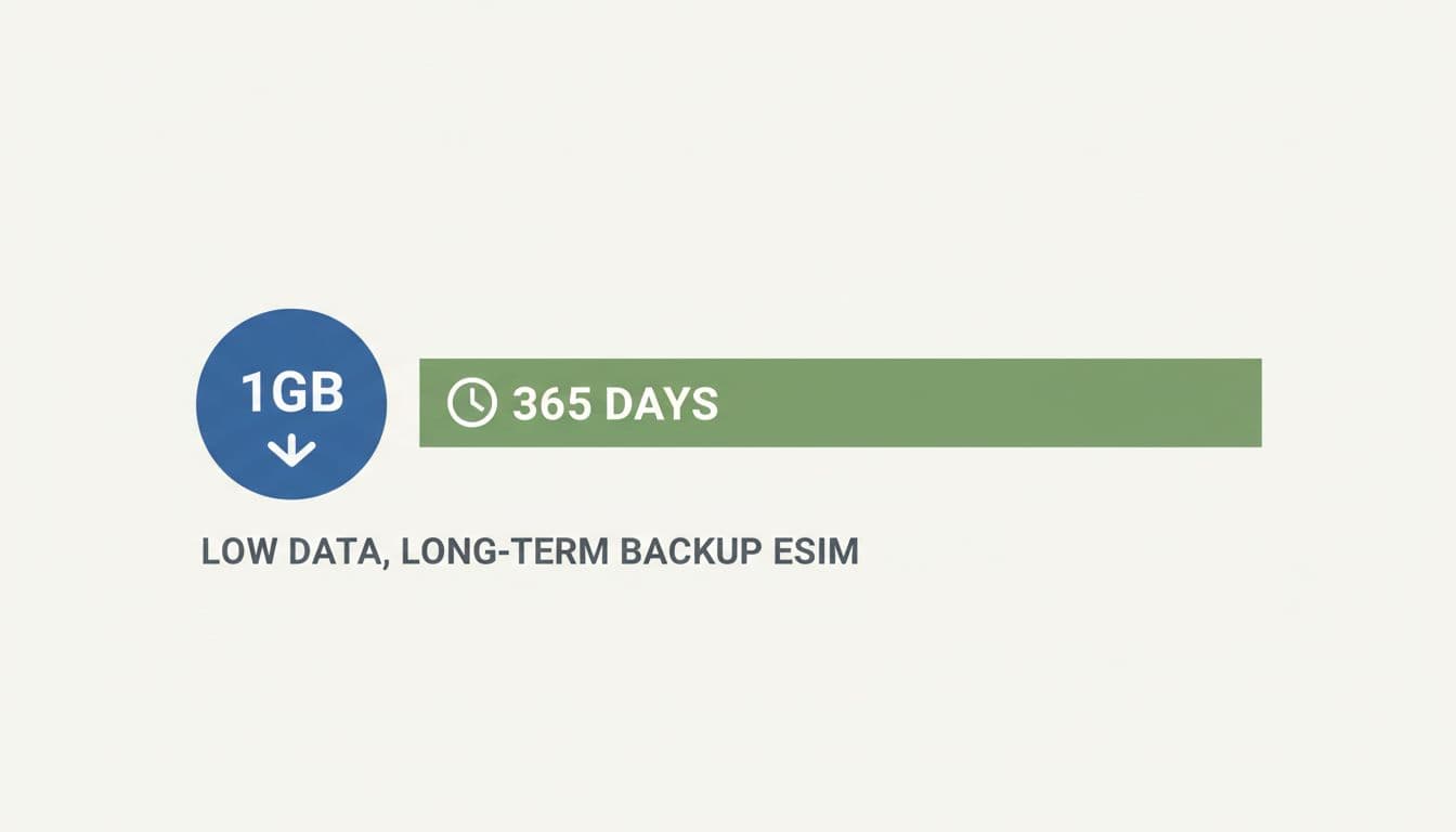 A simple, clear infographic element showing a small data icon (like 1GB) next to a very long, thin validity bar (like 365 days) to illustrate the concept of low data, long-term backup eSIM packages. Flat design style.