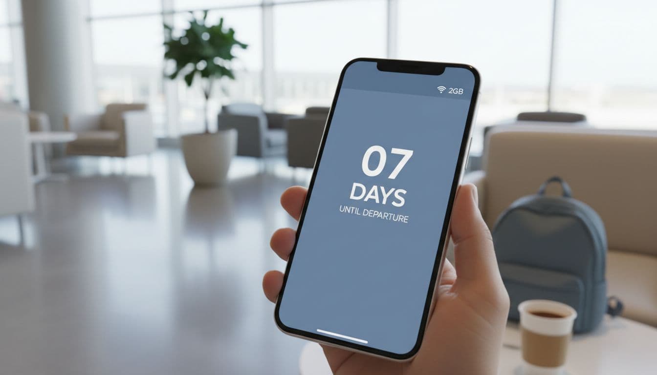 A minimalist travel photo featuring a smartphone screen displaying a 7-day countdown timer and a simple 2GB data plan icon, set against a bright airport lounge background for a calm, efficient pre-trip vibe.