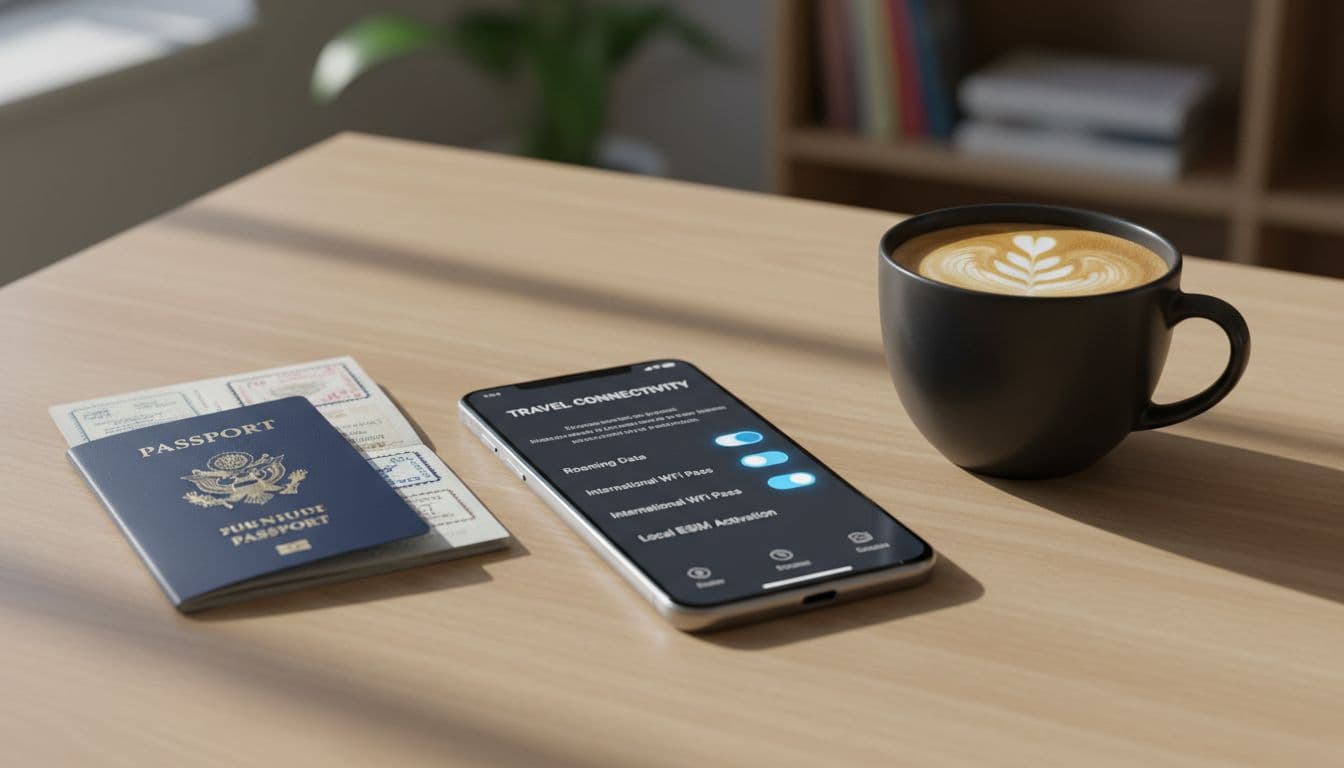 A sleek, minimalist smartphone sits on a modern wooden desk next to a passport and half-finished artisanal coffee, illustrating an expert setting up travel connectivity with a clean, confident interface. Cinematic lighting adds high detail and vibe.