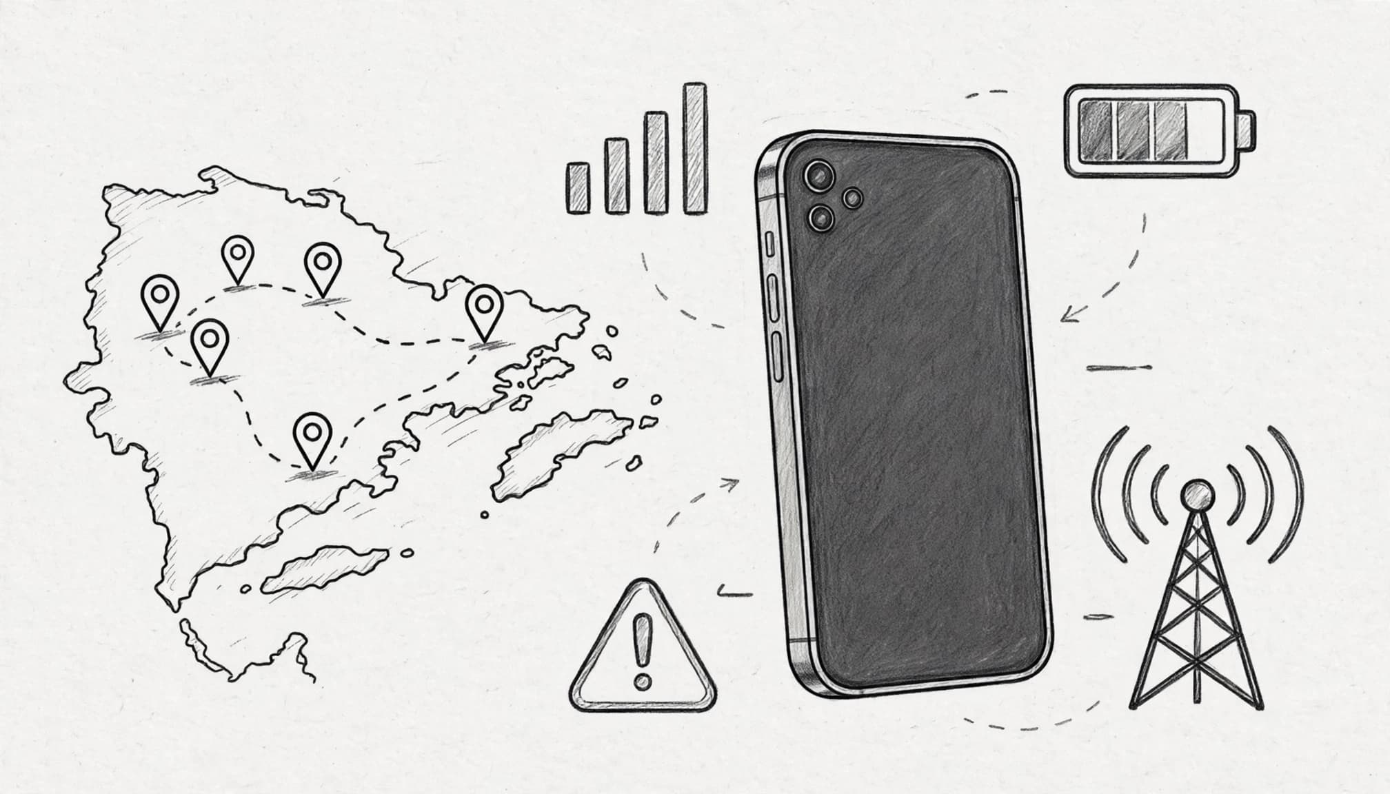 A smartphone beside a travel map and hand-drawn connectivity symbols.