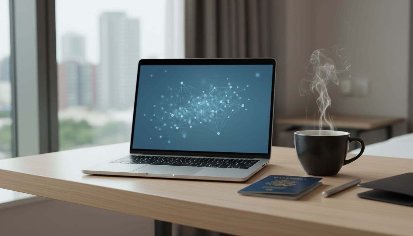 A clean, modern travel workspace on a desk featuring a high-end laptop with blurred connectivity graphic, steaming coffee cup, and passport under crisp bright light.