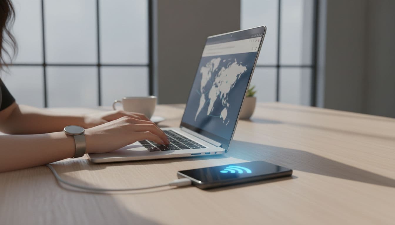 A modern traveler using a smartphone as a mobile hotspot while working on an ultralight laptop on a clean, minimalist wooden table indoors. Soft, natural light illuminates the scene, creating a focused and productive mood with emphasis on device connection.