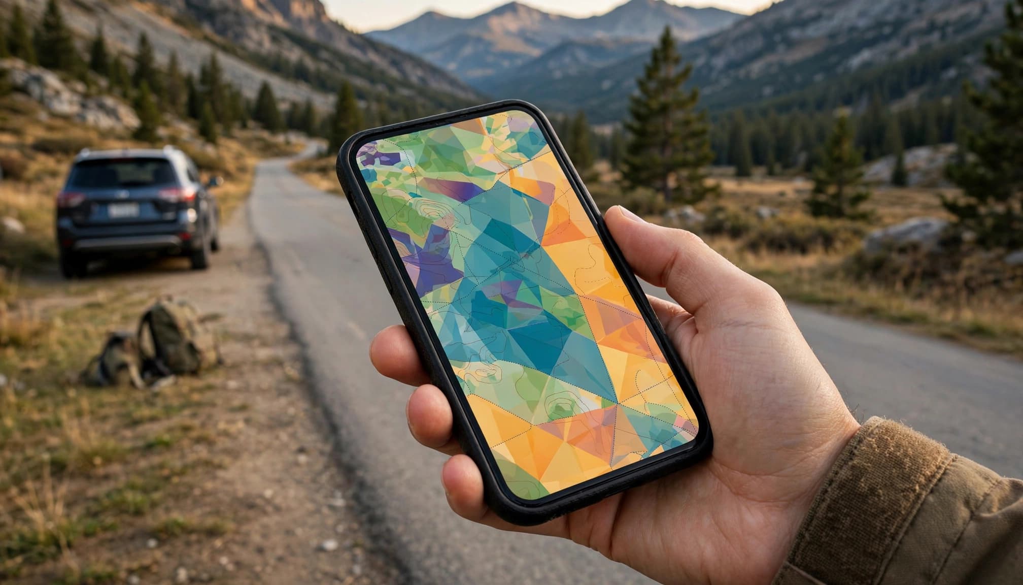 A hand holds a phone with an abstract coverage map beside a mountain road.