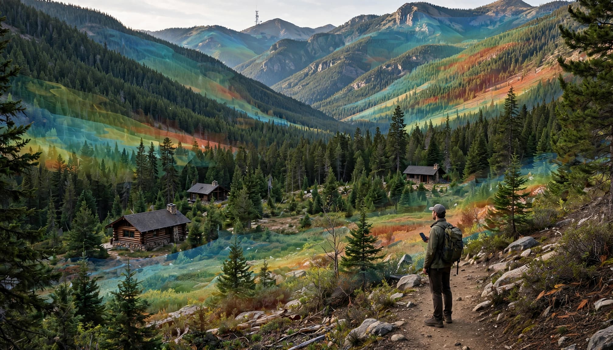 A hiker with a phone stands on a forest trail beneath layered mountains.