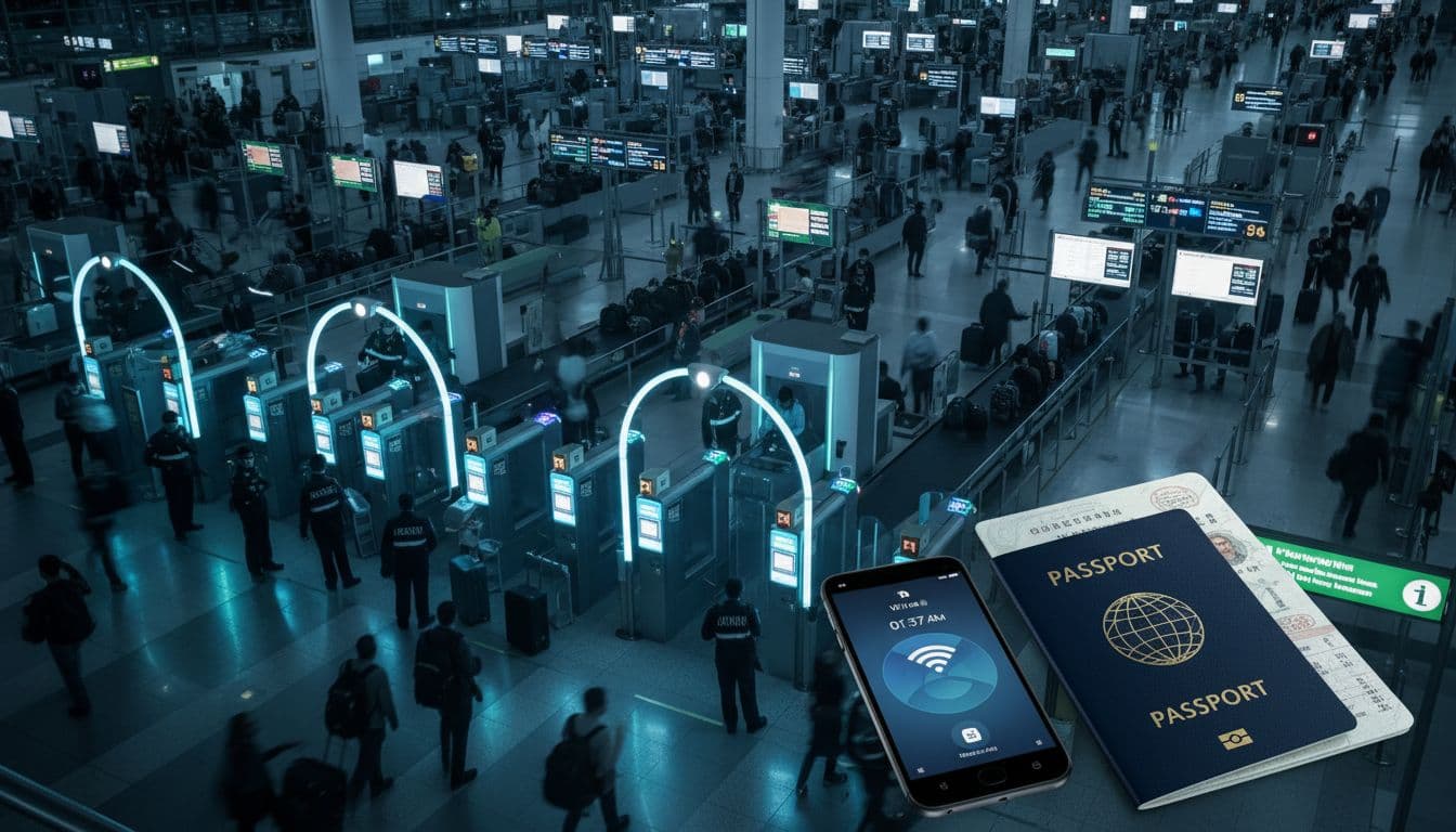 A high-angle shot overlooking a busy international airport terminal security checkpoint late at night, emphasizing traveler movement and digital security scanners with a cinematic mood. Foreground features a phone next to a passport, contrasting the bustling background.