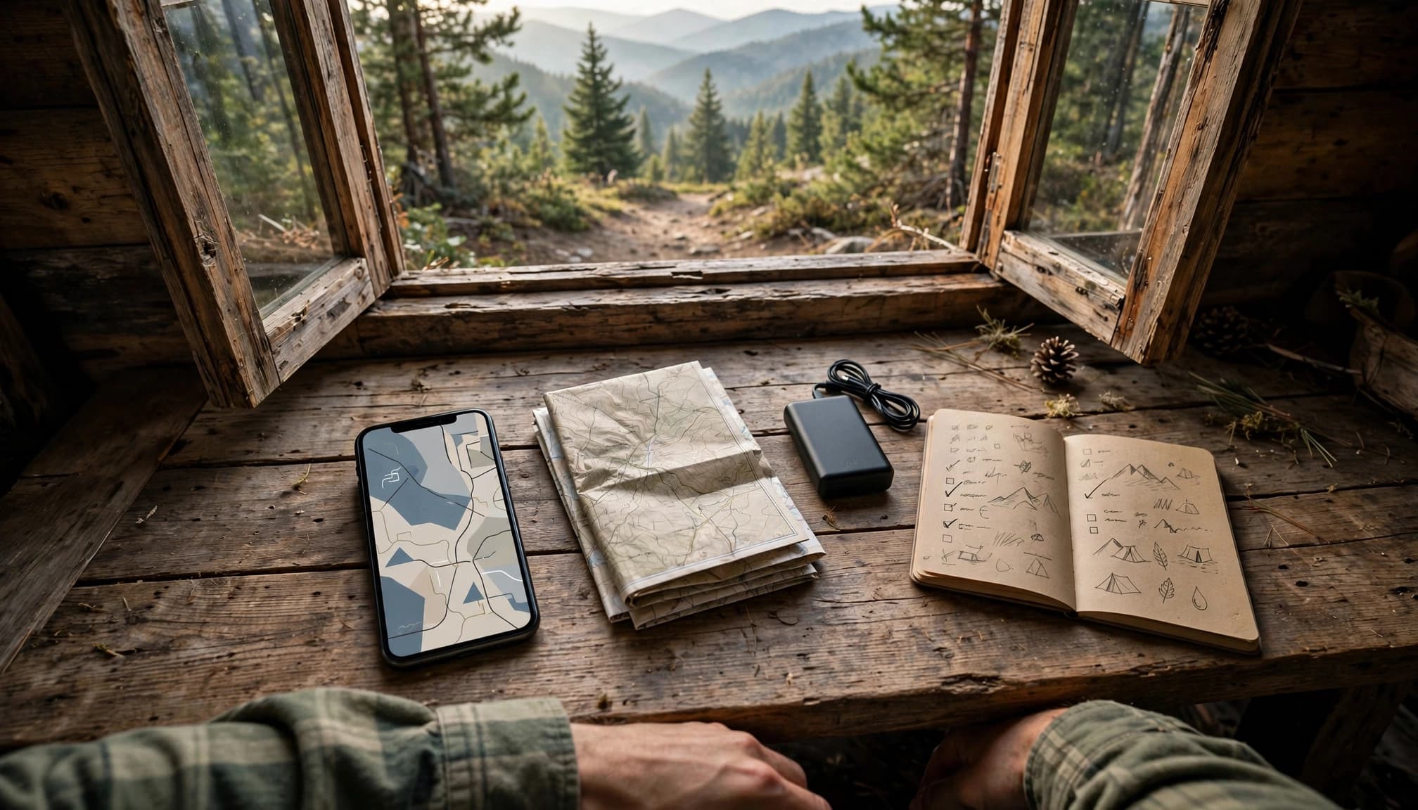 Traveler organizing maps, notes, a phone, and power bank at a cabin table.