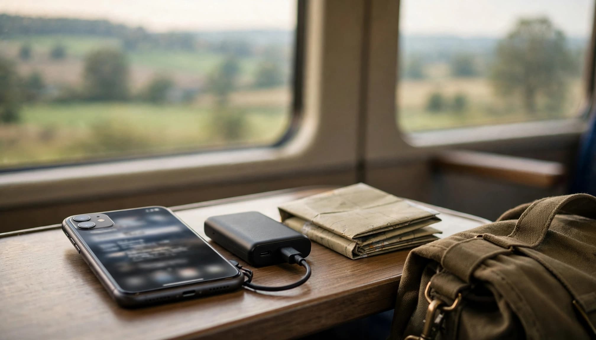 A smartphone and power bank sit beside a folded map on a train table.