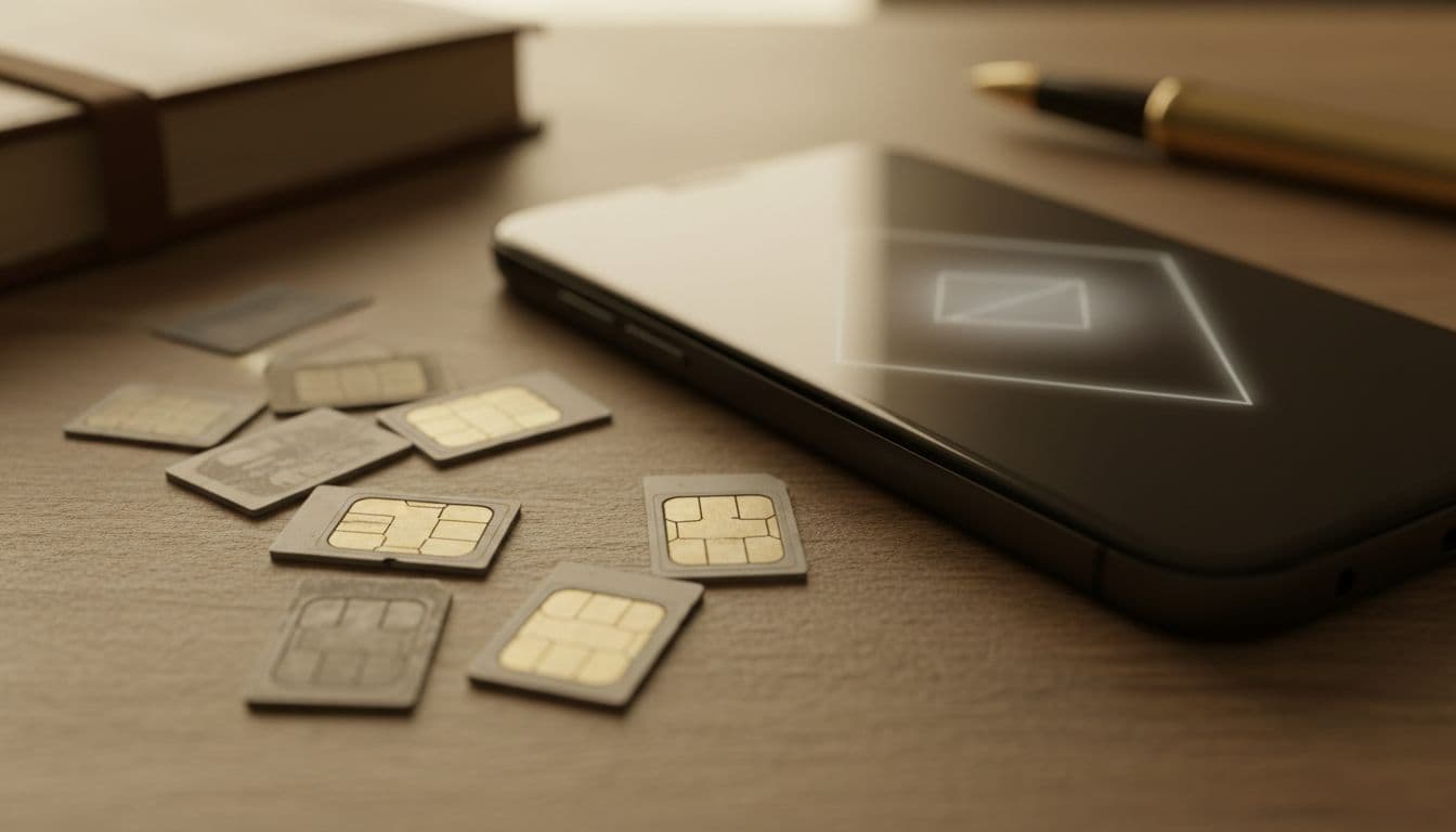 A collection of old, well-worn physical plastic SIM cards scattered next to a sleek, modern smartphone with no visible SIM tray, emphasizing the contrast between legacy hardware and modern design in a brightly lit scene with warm tones.