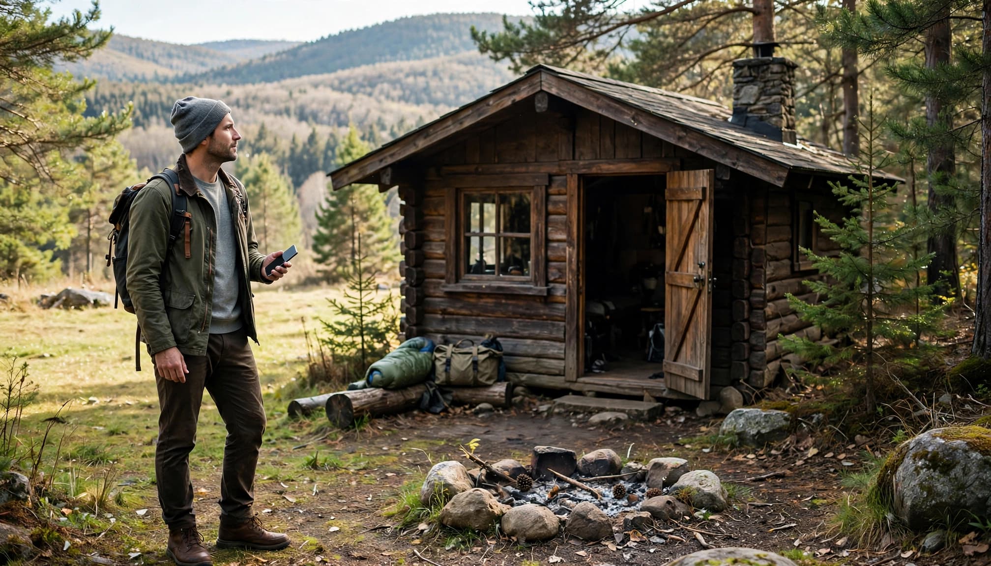 A traveler holds a phone beside a cabin and campsite in wooded hills.