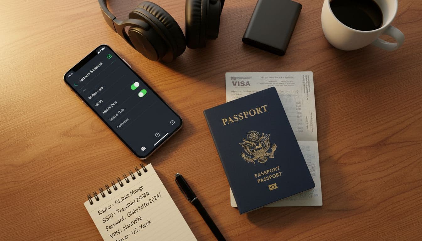 Overhead photo of a passport, fully charged modern smartphone displaying network settings, and a small notepad with configuration settings jotted down on a wooden desk, evoking organized travel preparation under warm indoor lighting.