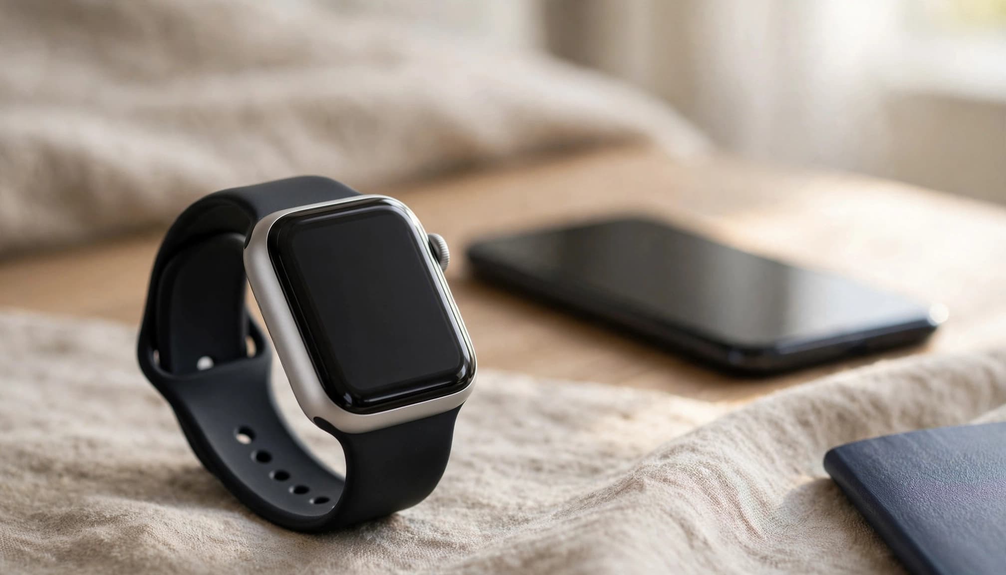 A smartwatch sits in front of a phone beside a partly visible passport.