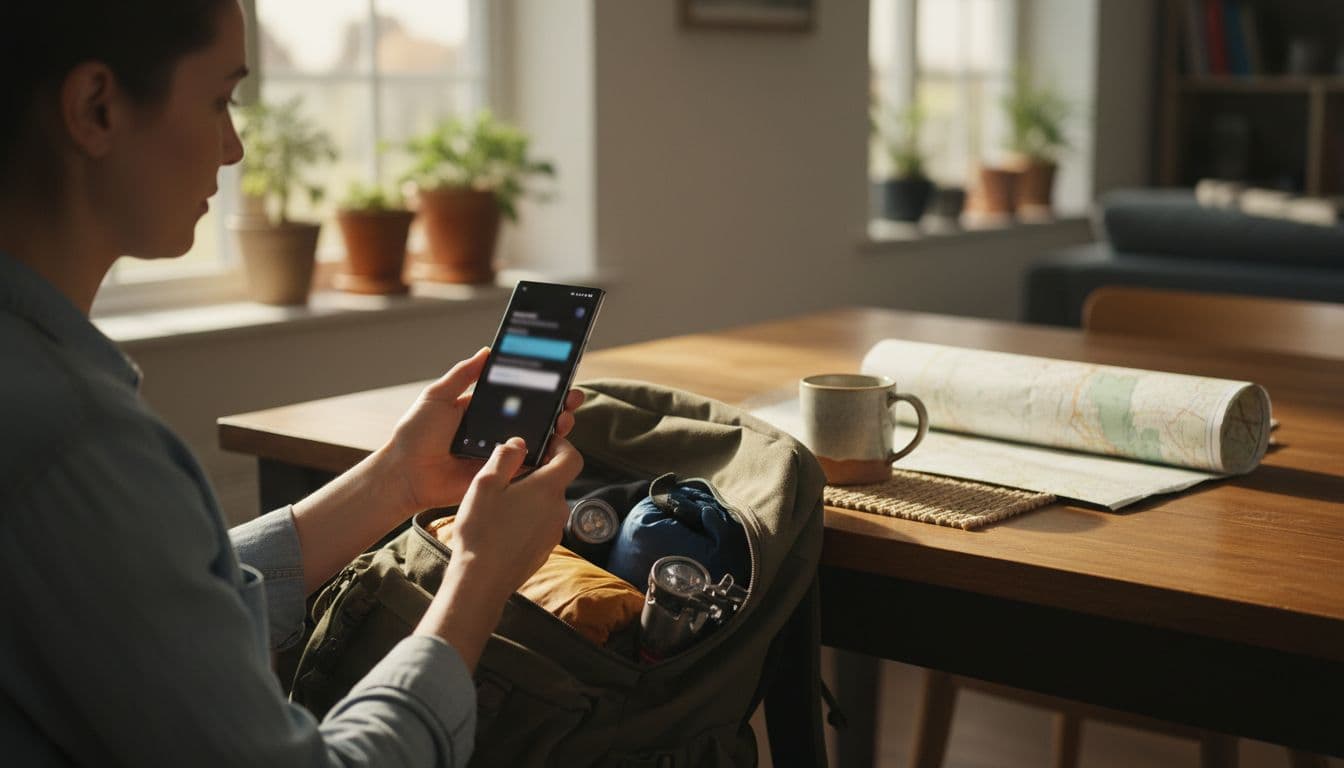Realistic photograph of a parent at a home desk preparing for a family camping trip, holding a Samsung Galaxy smartphone displaying eSIM settings, with backpack, map, and coffee mug nearby.