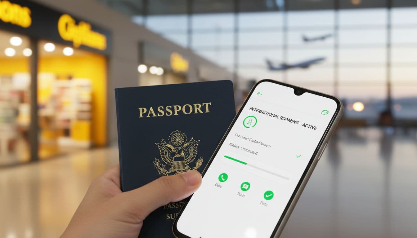 A close-up shot with shallow depth-of-field shows a passport next to a smartphone displaying an active eSIM configuration screen, under soft warm airport lighting, capturing the thrill of international travel.