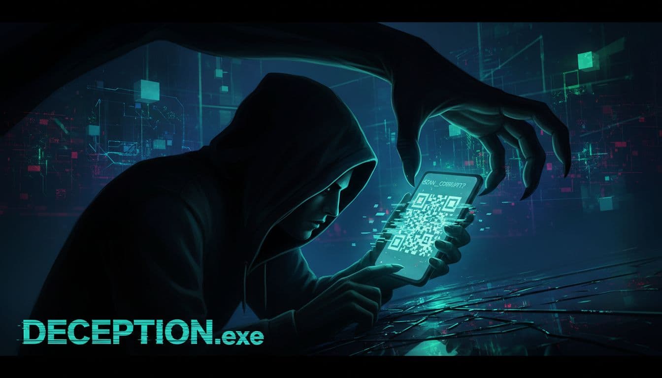 A dimly lit, high-contrast digital illustration depicts a person leaning closely into a smartphone displaying a faint, corrupted QR code, with shadows heightening the sense of deception.