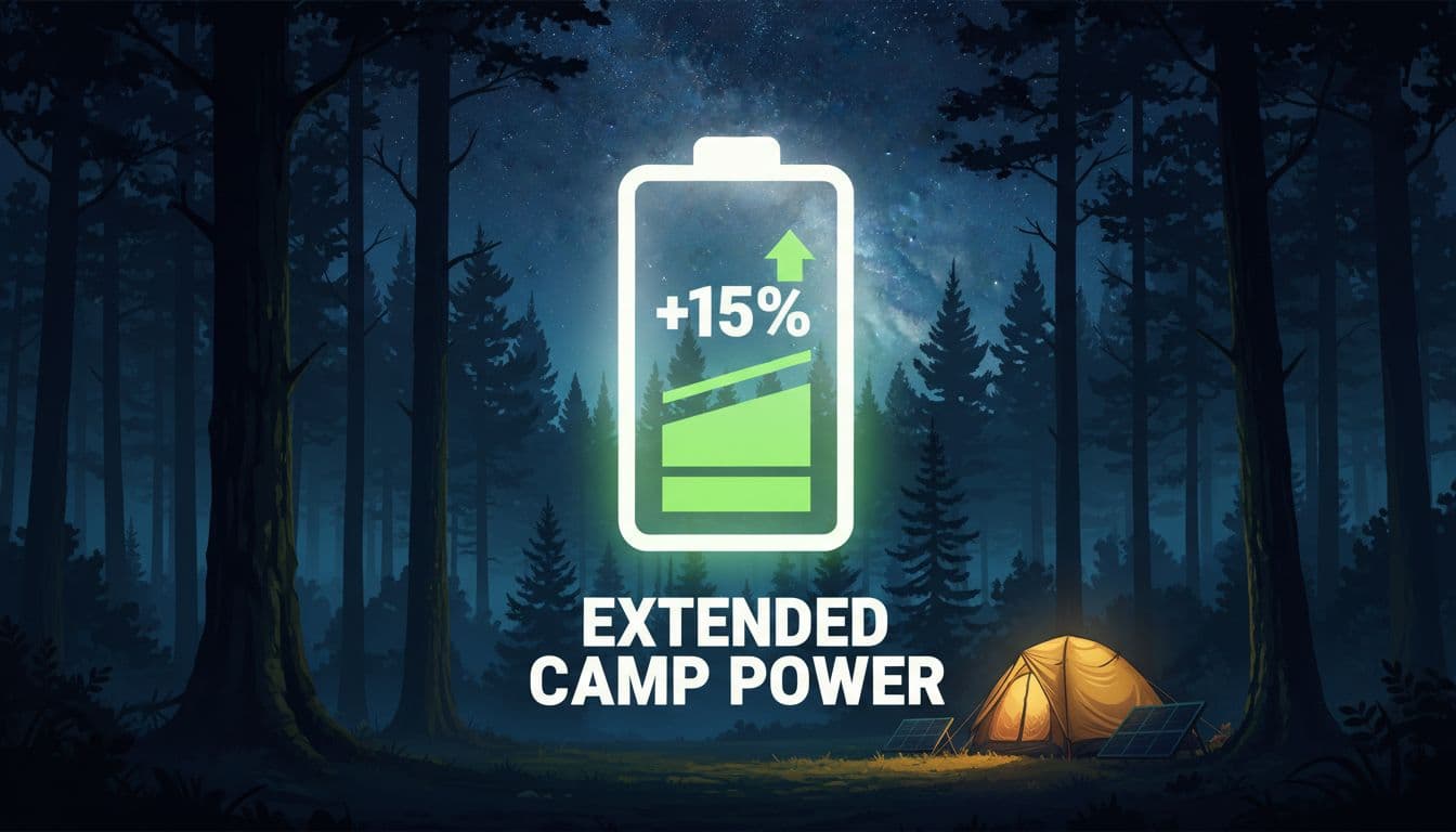 A stylized representation of a mobile phone battery icon showing a significant 15% increase in life, set against a backdrop of a dense forest under a starlit sky, emphasizing power efficiency for camping. The mood is calm and reliable with detailed, cinematic lighting.