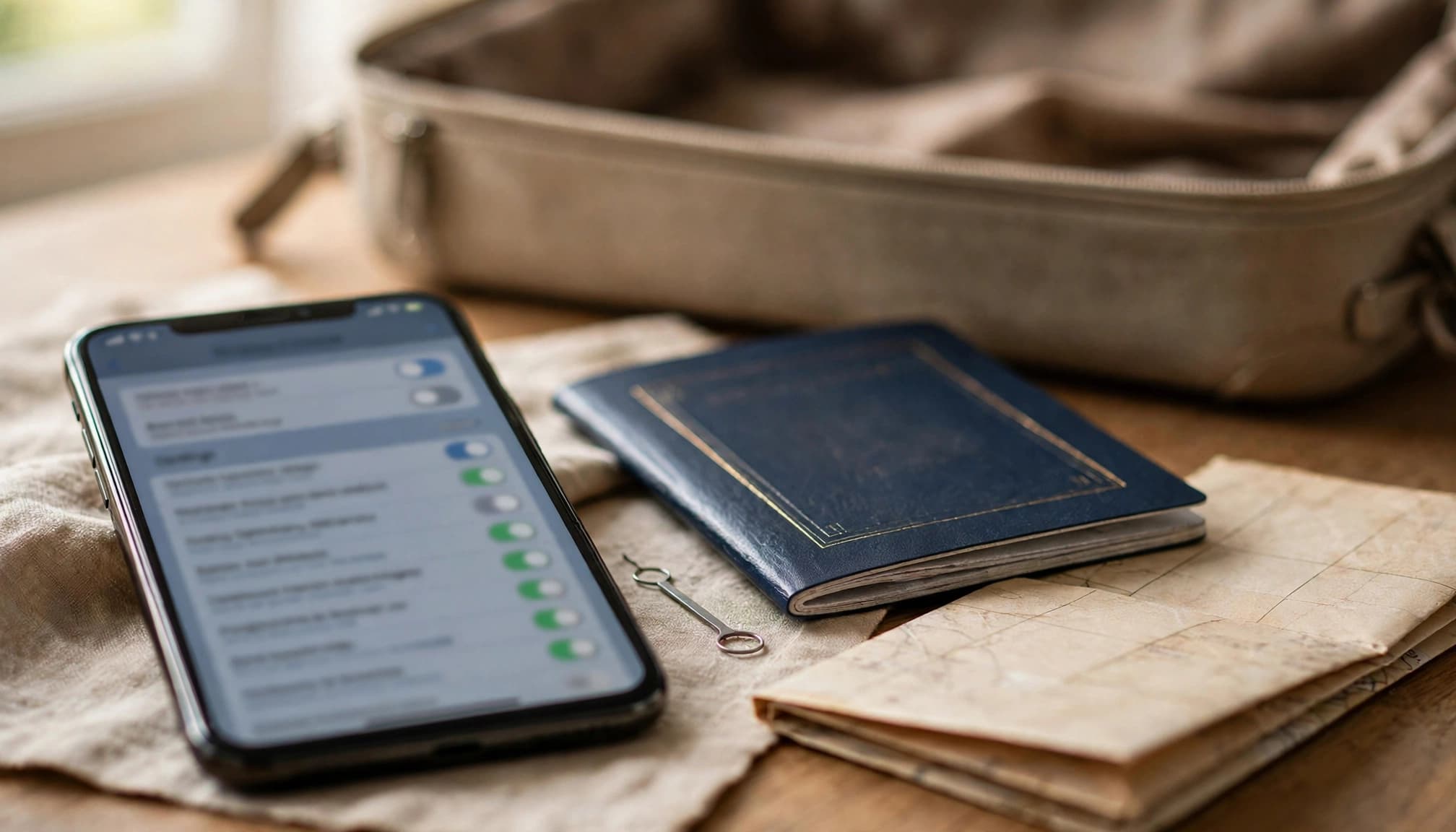 A phone with cellular settings beside a passport and SIM tool, with a map and suitcase behind it.