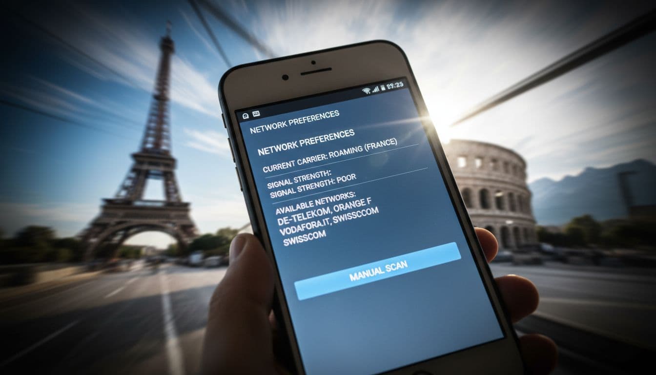 A detailed close-up photograph of a phone screen showing a network status menu, slightly out of focus, with a blurred background of European street scenes suggesting rapid movement between countries.