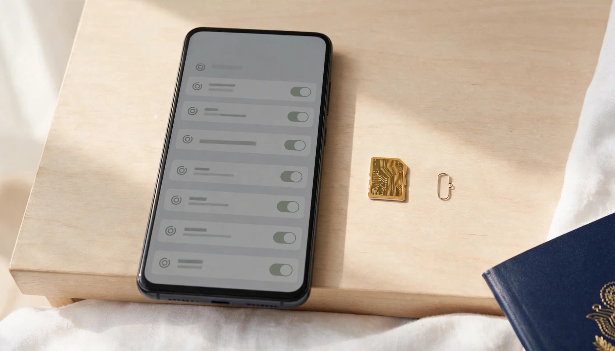 A smartphone, travel SIM card, and ejector pin sit beside a partly visible passport.