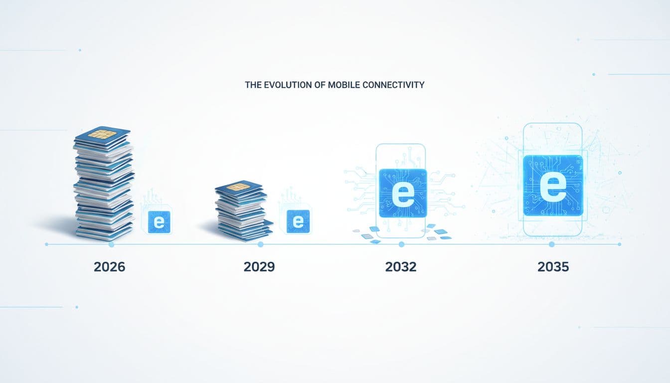 Visual timeline graphic depicting the slow decline of physical SIM cards from a prominent stack in 2026 to near invisibility by 2035, alongside the rising digital eSIM profile, in a clean technical aesthetic with bright optimistic lighting.