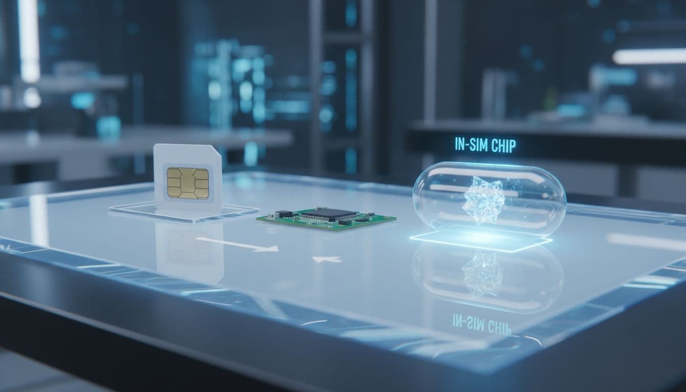 A wide shot illustrating the difference between a physical SIM card, an embedded eSIM chip on a circuit board, and a theoretical in-SIM chip, presented on a clean, futuristic workbench with soft studio lighting, emphasizing technological progression.