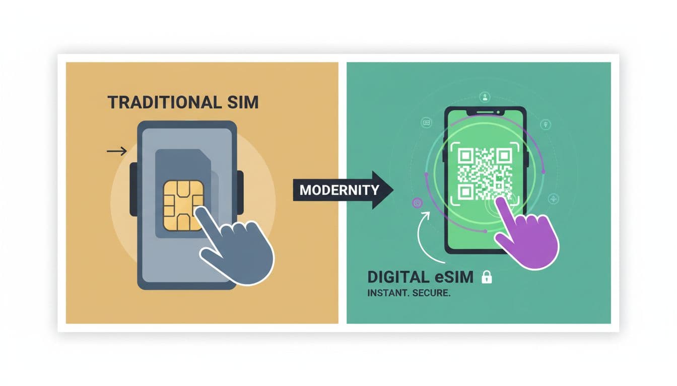 A striking, modern illustration comparing a traditional physical SIM card with a digital eSIM profile on a smartphone screen, using simple vector art with contrasting colors to highlight ease and modernity.