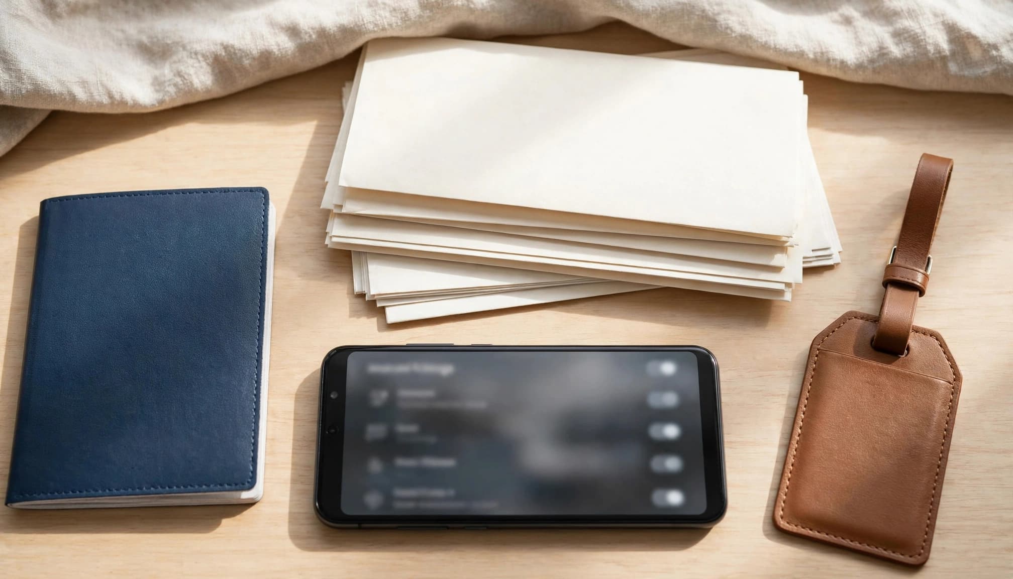 A smartphone, passport, luggage tag, and travel papers arranged on a bright kitchen table.
