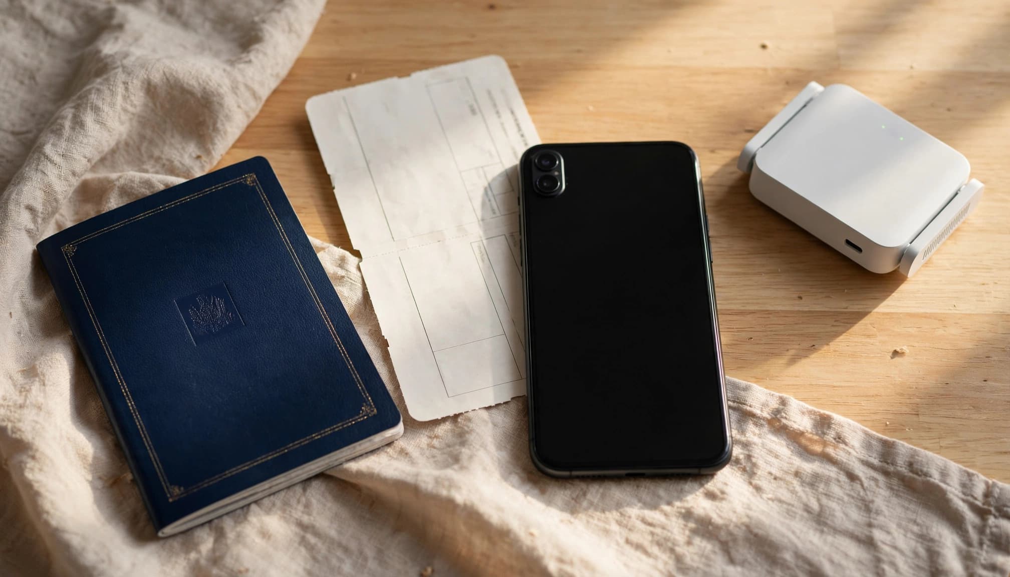 A smartphone, passport, boarding pass, and Wi-Fi router arranged on a kitchen table.