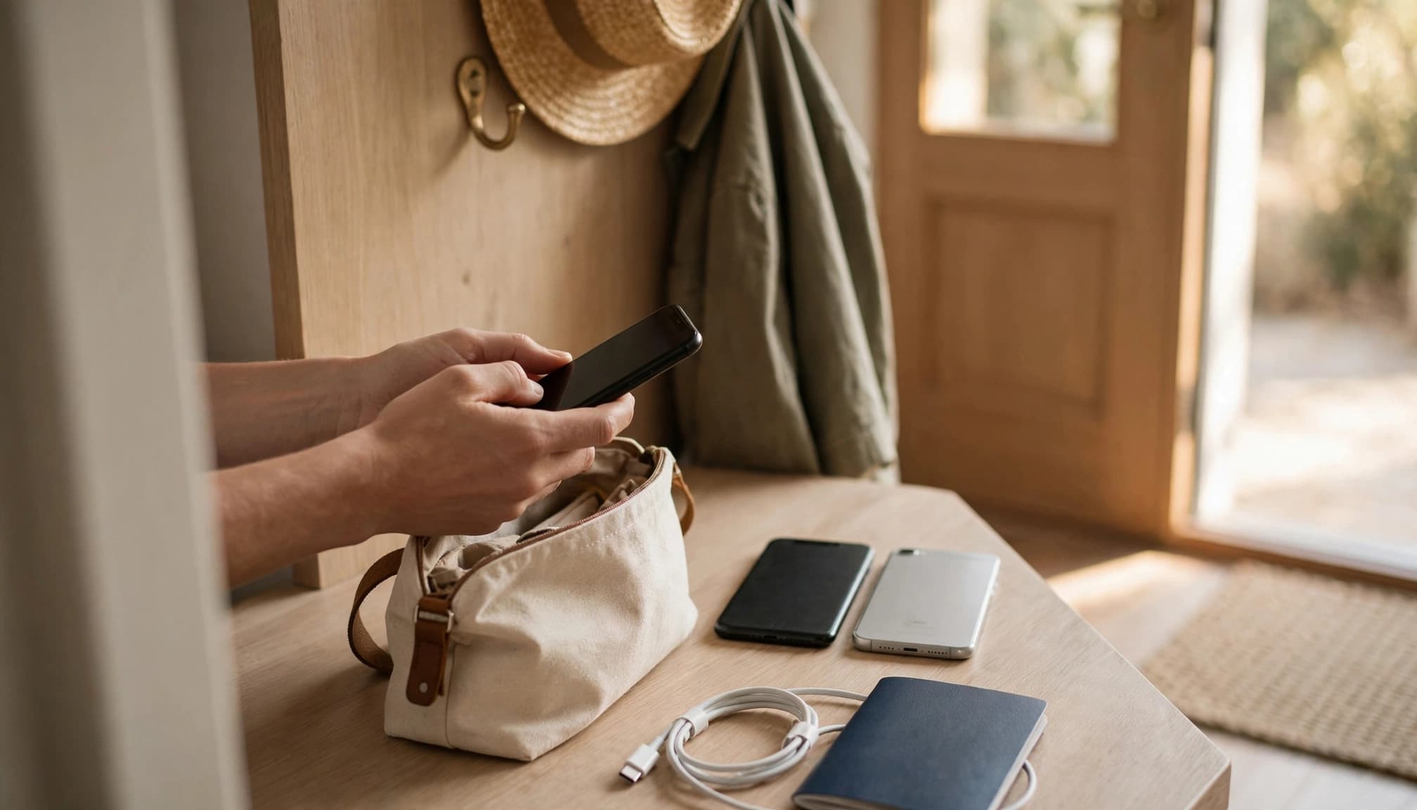 Two phones, a passport, cable, and travel pouch sit by an entryway.