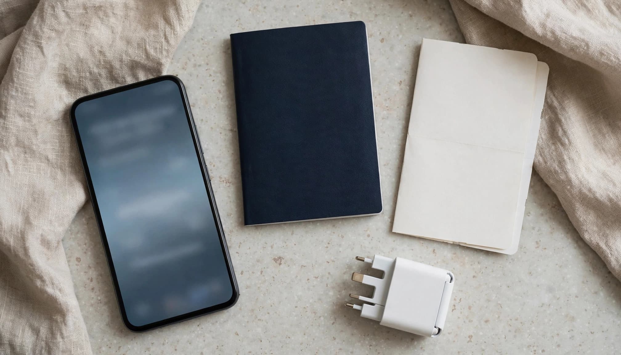 A lit smartphone sits beside travel documents and an adapter on a kitchen counter.