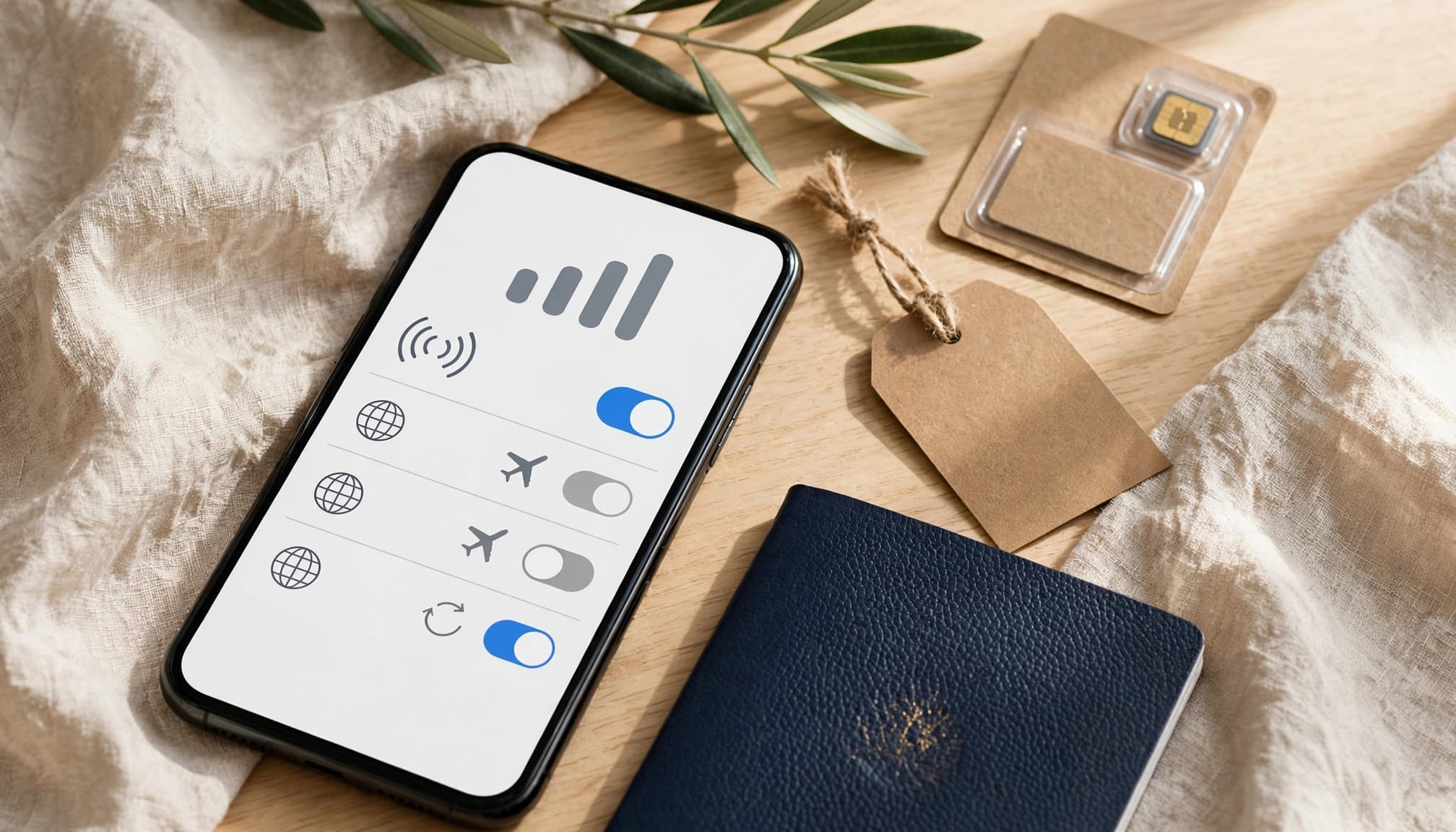 A smartphone and passport sit beside a carry-on tag and eSIM package.