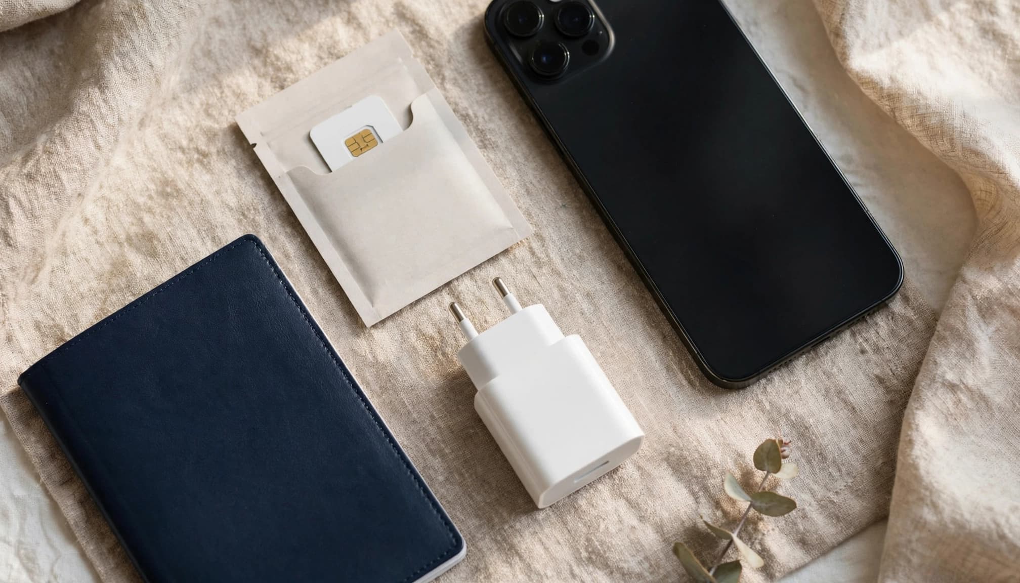 A phone, passport, compact charger, and eSIM package arranged on an entry table.