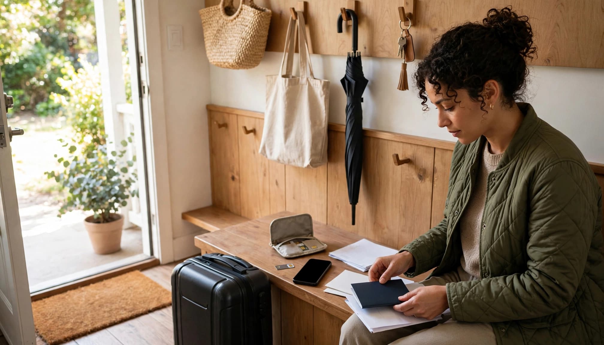 A traveler checks a phone and travel papers beside one carry-on.
