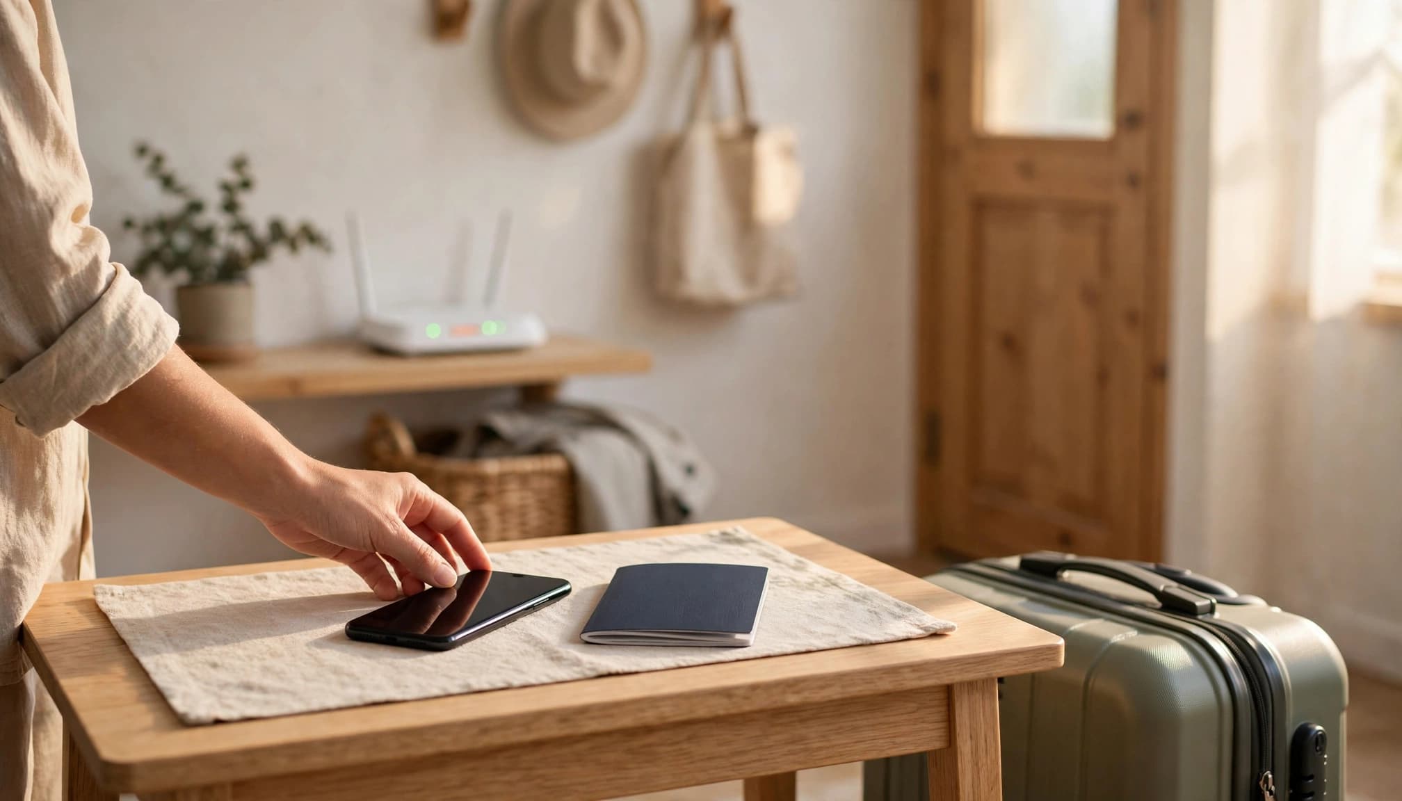 A smartphone and passport sit on an entryway table beside a packed suitcase.