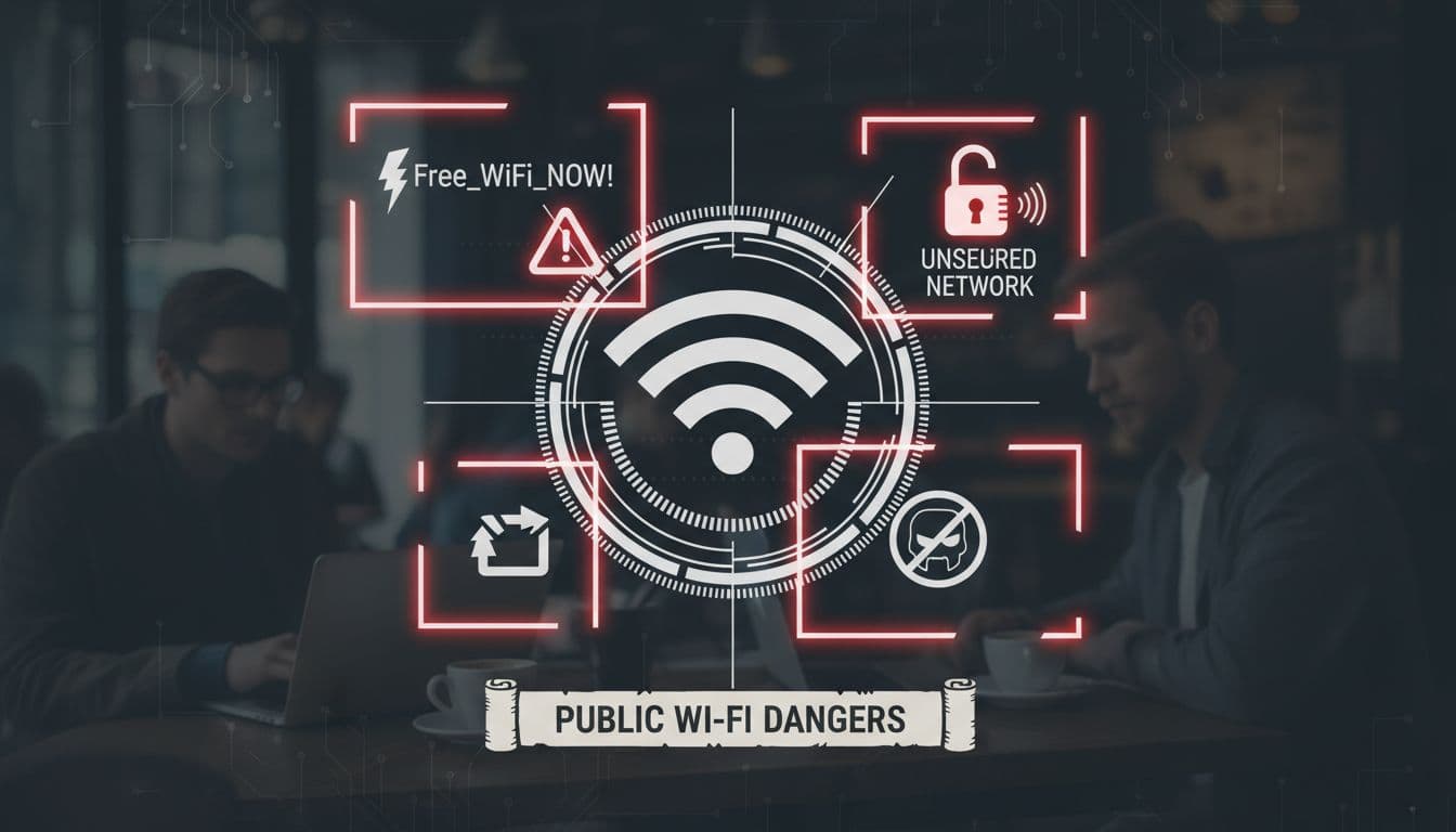 A close-up infographic warning about public WiFi risks in cafes, featuring red overlays, danger icons like misspelled names and open locks on a blurred background.