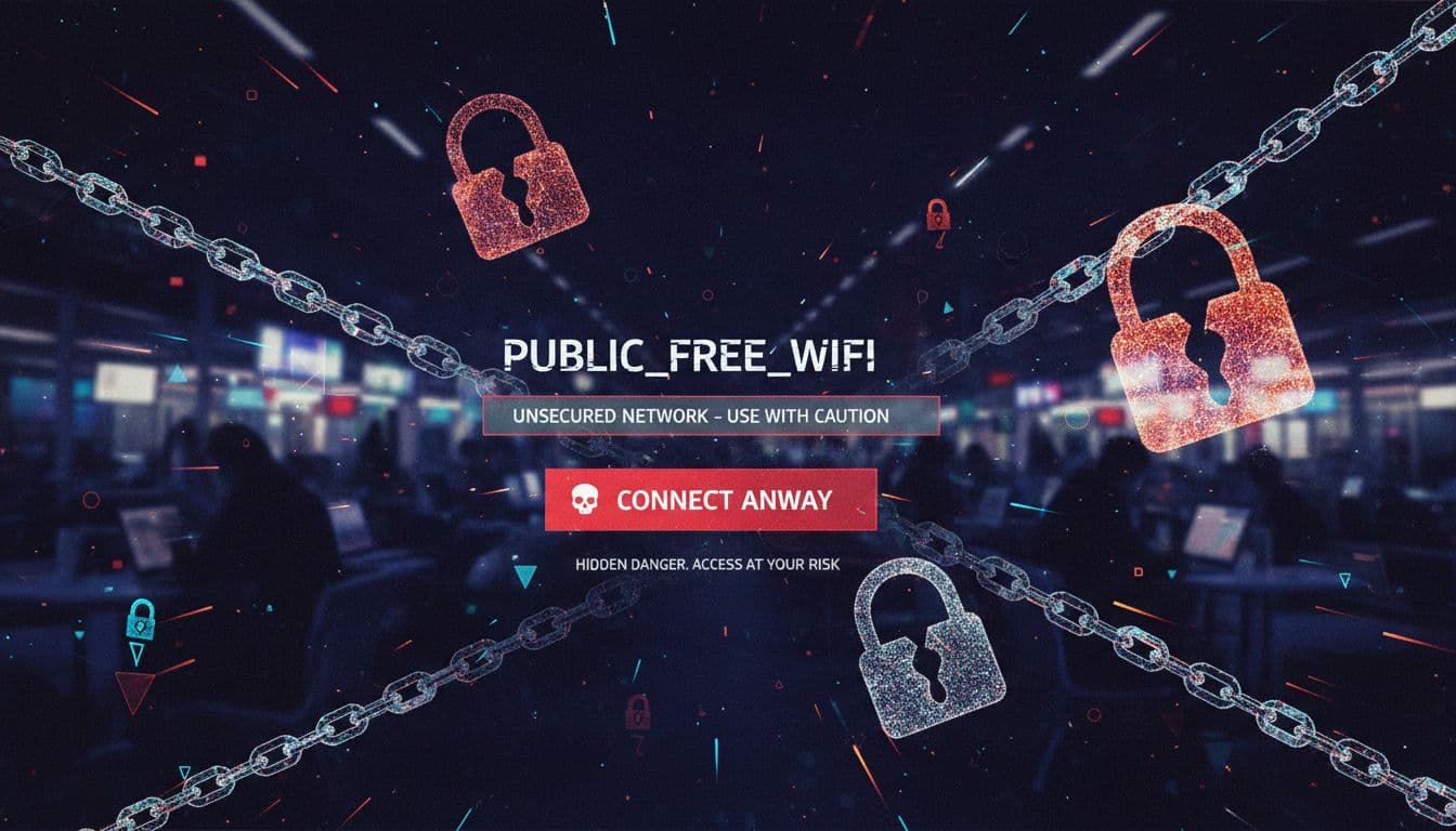A chaotic, dimly lit public WiFi login screen overlaid with stylized faint digital locks and chains, suggesting security risks. Blurry background of people on laptops in a busy coffee shop or airport lounge, in dark high-contrast dystopian style.