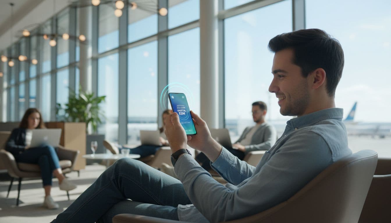 A traveler looking relaxed in an airport lounge effortlessly sets up a new data plan on a smartphone without physical interaction, highlighting the ease of digital activation in a bright modern setting.