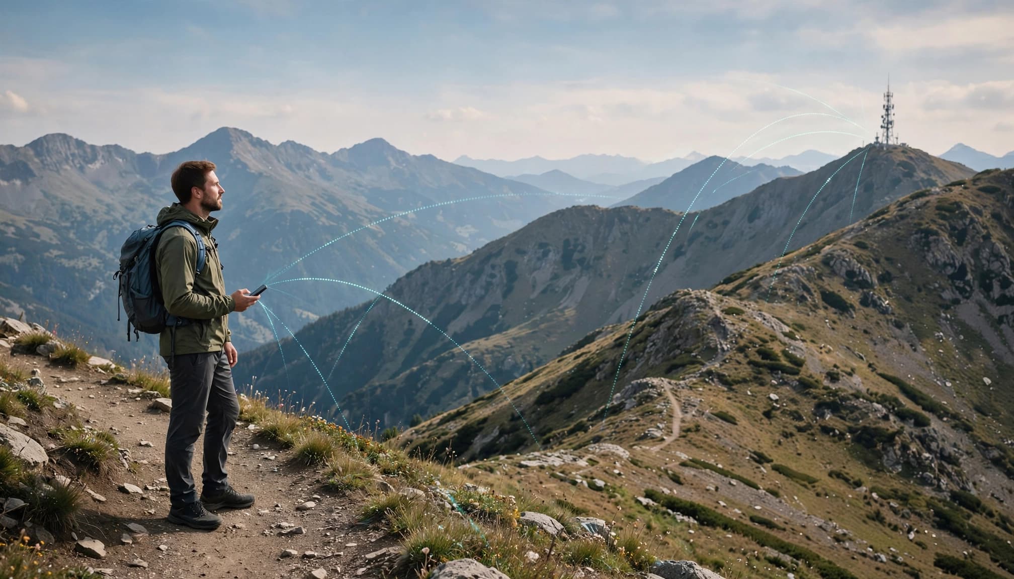 Traveler holding a smartphone near a mountain trailhead, looking toward a distant cell tower.