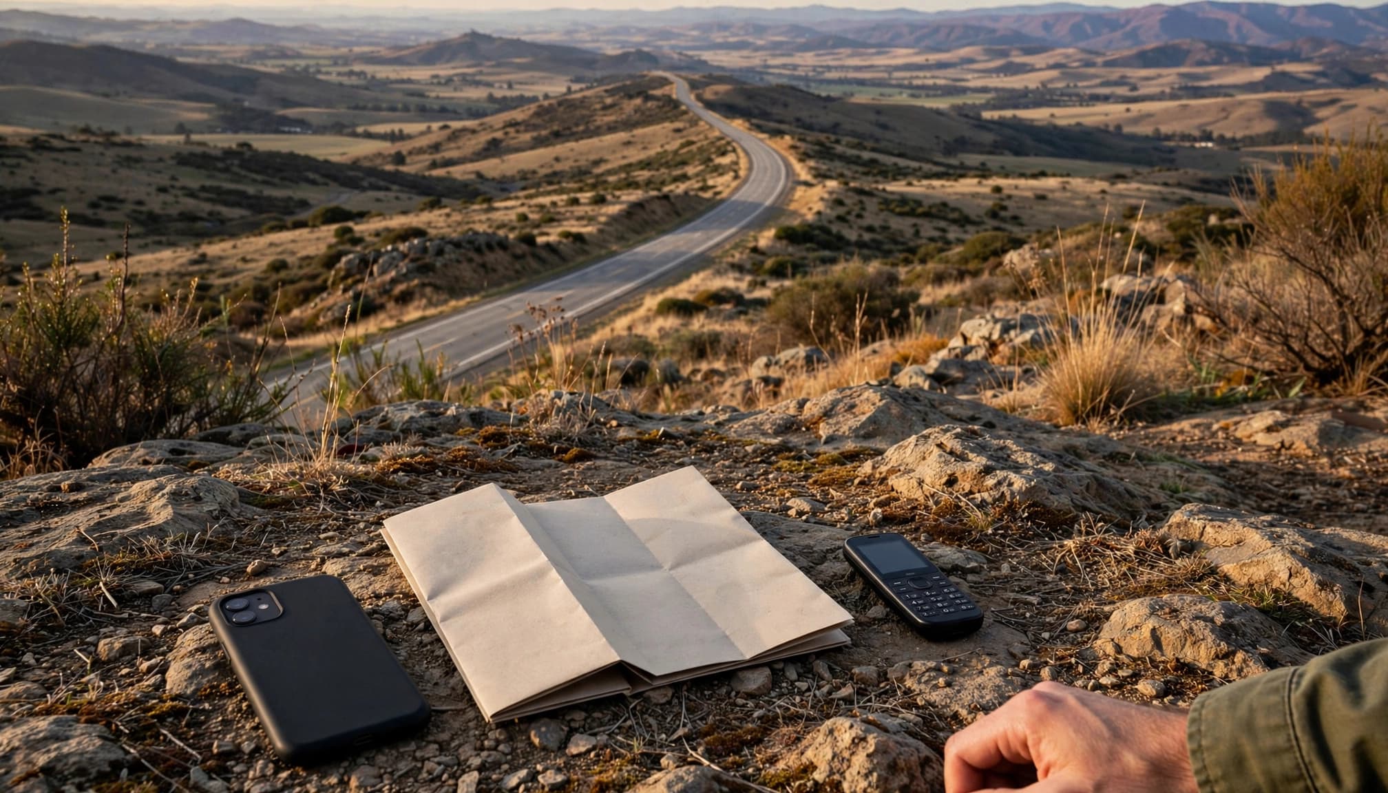 A smartphone, folded map, and backup phone beside a highway overlook.