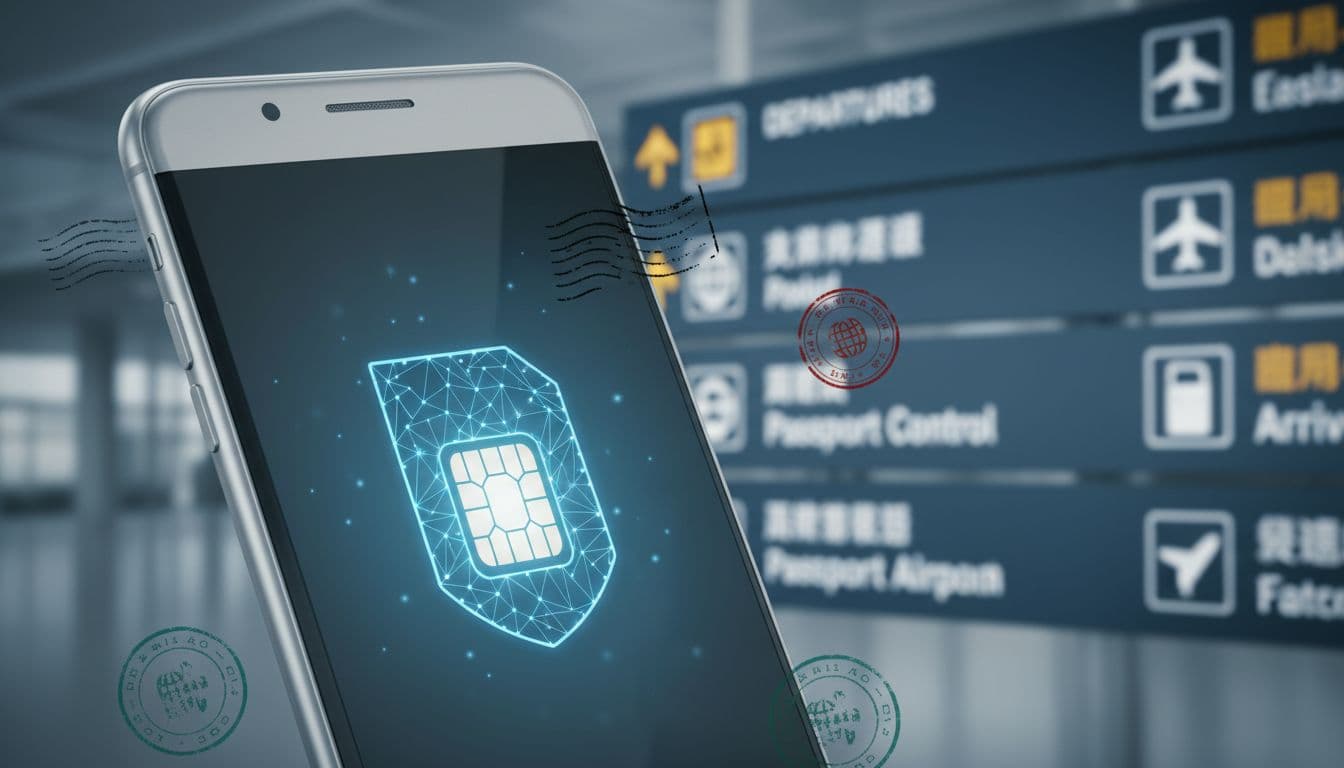 A close-up shot of a modern smartphone with a glowing digital SIM card icon, set against a blurred background of international airport signs and passport stamps. The mood is secure and trustworthy, emphasizing digital protection.