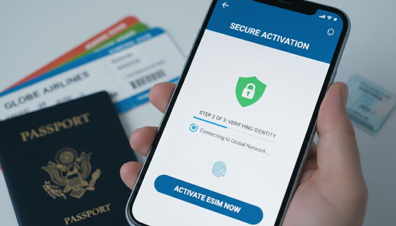 A close-up of a modern smartphone displaying a secure digital SIM card activation screen, with a blurred background featuring international travel documents like passports and boarding passes. The lighting is crisp, emphasizing digital security and trustworthiness in a travel context.