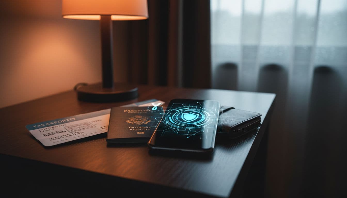 A close-up of a locked smartphone with digital security overlays next to travel documents like a plane ticket and passport, set in a warmly lit, slightly moody hotel room environment. The focus is on the phone's screen which displays a subtle network icon, conveying secure digital connectivity for a traveler.