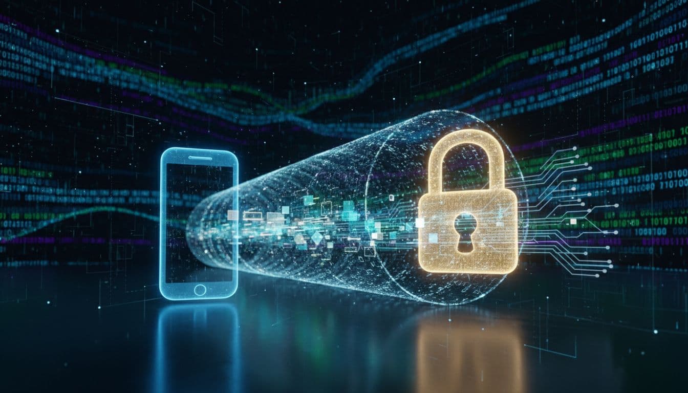 Close-up of data flowing securely through a tunnel between smartphone and lock icons, symbolizing encryption on a dark background with binary code streams.