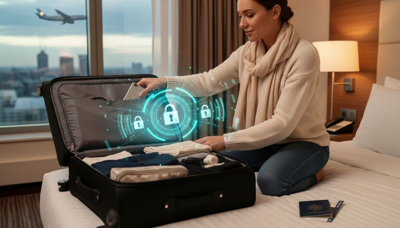 A confident person packs a suitcase for an international trip, placing a smartphone inside with conceptual overlays of digital security locks and network connectivity.