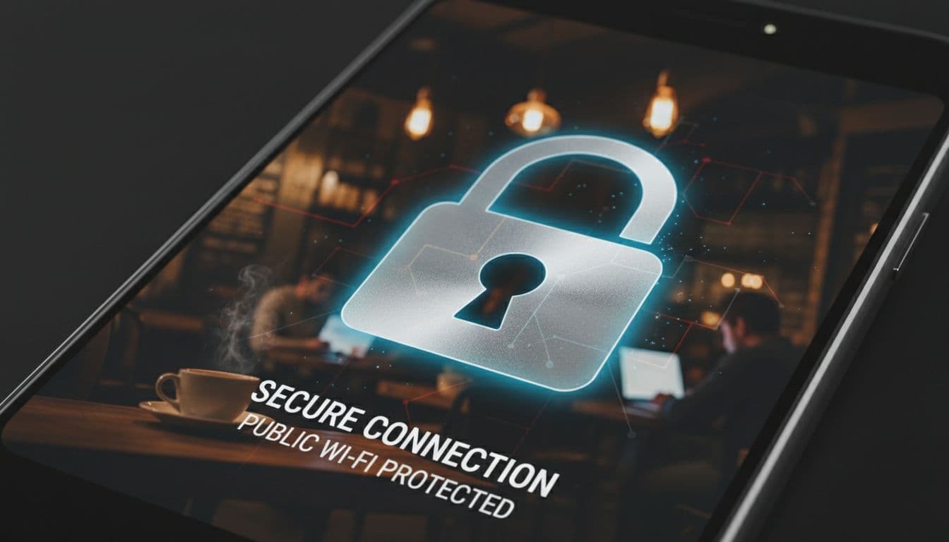 Close-up of a smartphone screen displaying a padlock icon superimposed over a dimly lit public cafe setting, symbolizing secure cellular connection protection against an unsafe background network. Moody, close-up photography style.
