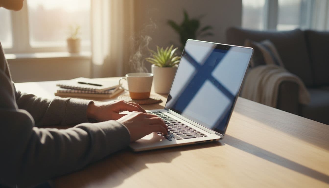 A person at a clean wooden desk with an open laptop at a slight angle, steaming coffee mug nearby in soft morning light, evoking a productive and calm mood ideal for tech blogs.