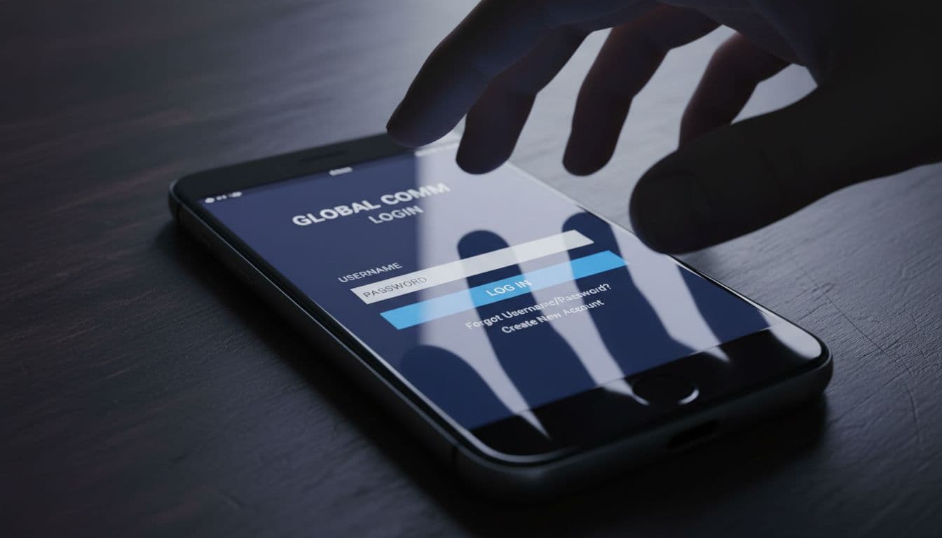 A close-up shot of a smartphone screen showing a generic, but official-looking, mobile carrier login page at an angle, partially obscured by a shadowy hand hovering over it, conveying a sense of data vulnerability and social engineering attempt, in a moody, realistic digital style.