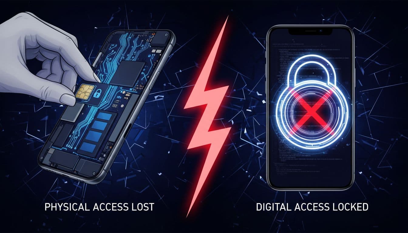 A high-contrast technological illustration depicting a physical SIM card being pulled from a smartphone, contrasted with a locked digital lock icon on the screen, symbolizing loss of physical access, in a tech-focused style.