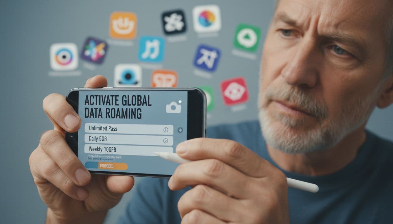 A skeptical traveler examines a smartphone screen showing a mobile data plan activation screen, with a slightly blurry background of confusing-looking third-party app logos, suggesting caution and the need for verification. The mood is serious and instructional.