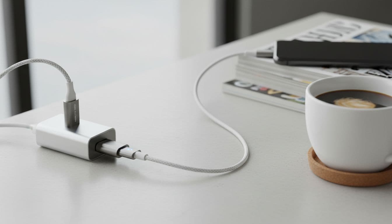 A small, sleek USB data blocker attached to a phone charging cable, emphasizing its small size and protective function. The background is a clean, modern table next to a cup of coffee. The lighting is bright and informative.